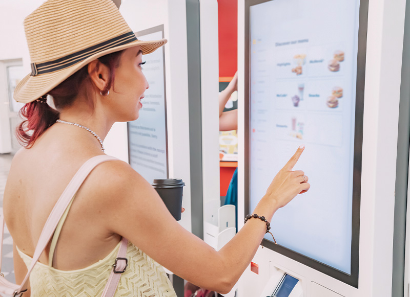 Woman in a hat using a touch screen kiosk in a fast food restaurant.