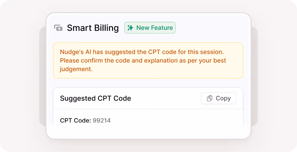 Smart Billing interface shows AI suggested CPT code 99214 with a prompt to confirm the code and explanation.