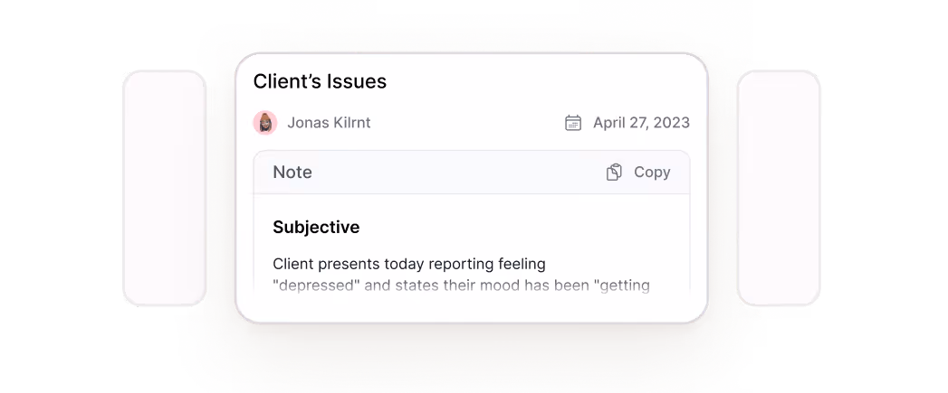 A digital note titled Client’s Issues by Jonas Kilrnt dated April 27, 2023, reporting the client feels depressed.