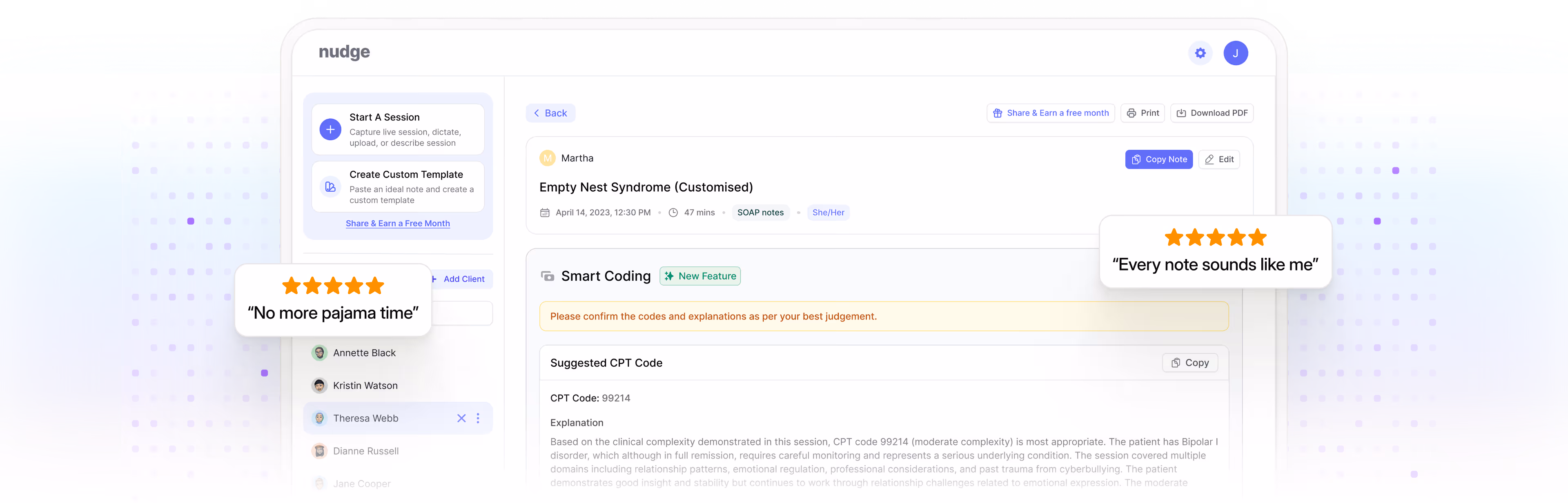 Nudge app interface showing a customized session note on Empty Nest Syndrome with smart coding and CPT code suggestions.