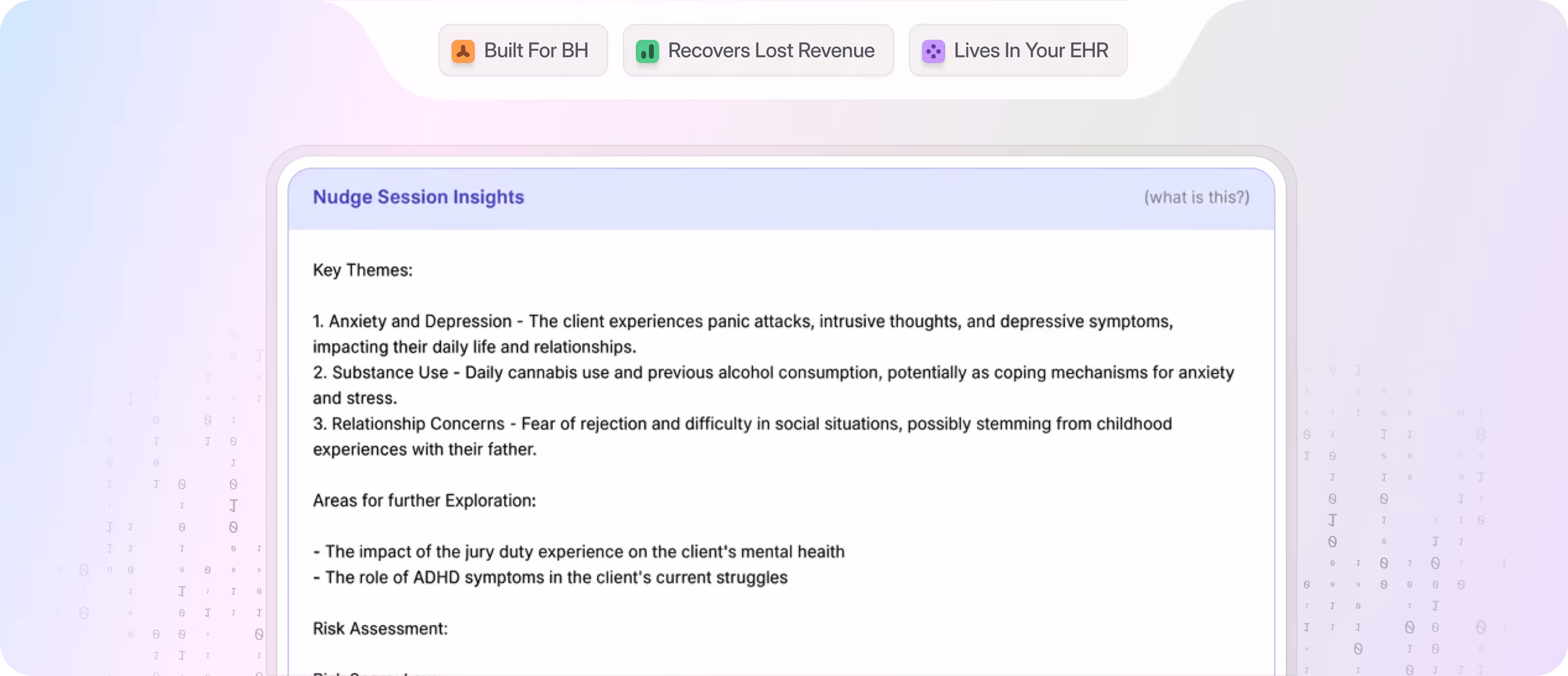 Screen showing a mental health session summary listing anxiety, substance use, and relationship concerns as key themes.