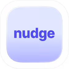 Square button with rounded corners containing the word 'nudge' in bold blue letters on a gradient light purple background.