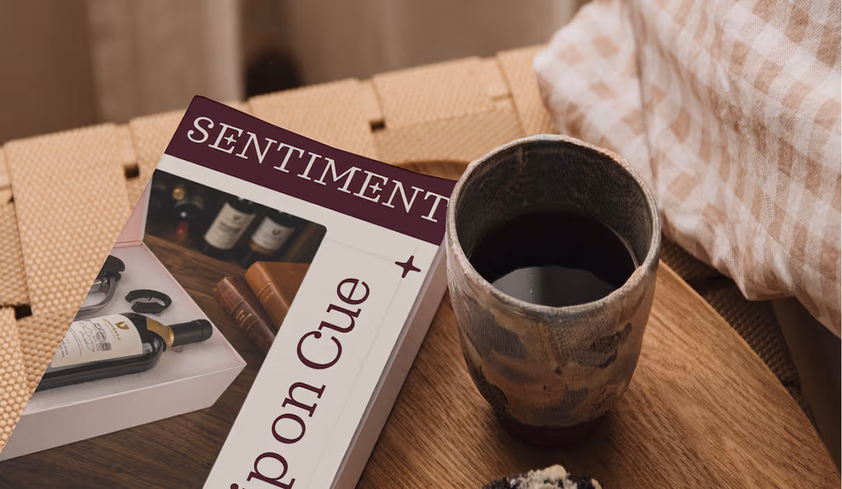 A gift box featuring a wine bottle and accessories next to a ceramic cup on a wooden surface.