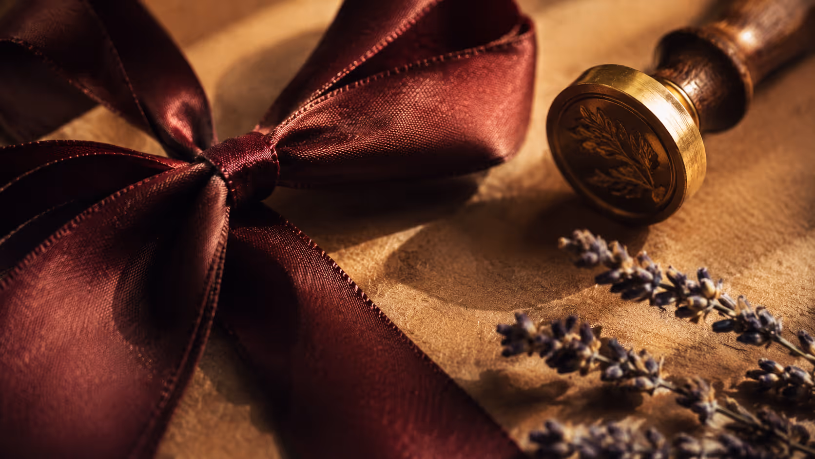 Close-up of a burgundy satin bow, a wooden seal stamp with a brass leaf design, and dried lavender sprigs on paper.