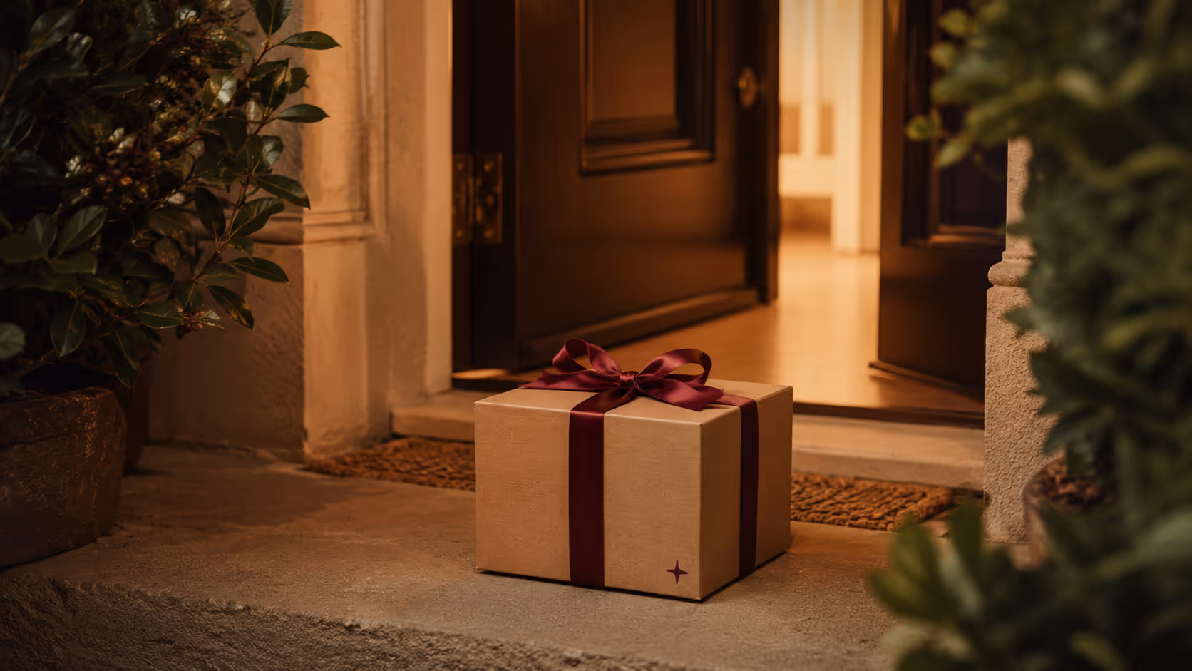 Gift box with a burgundy ribbon placed on a doorstep in front of an open door at evening.