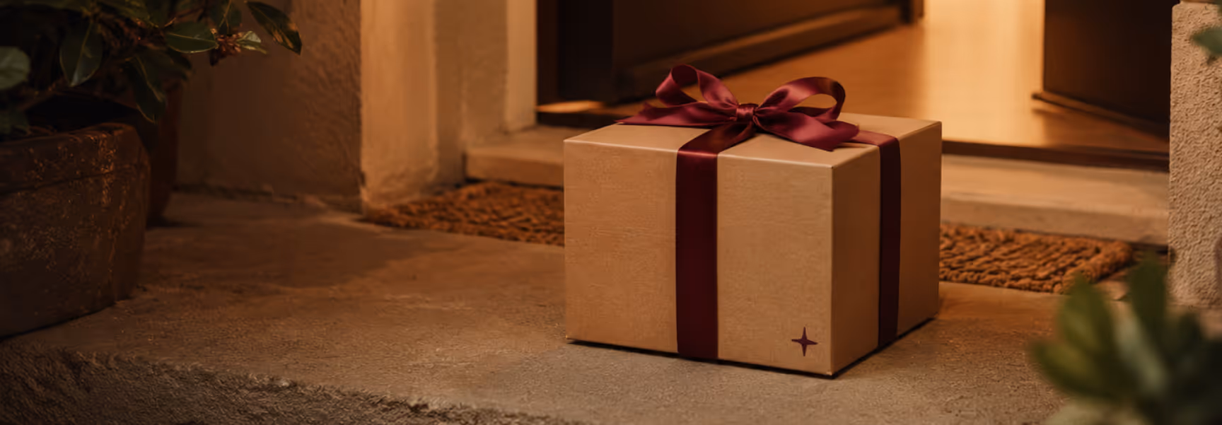 Gift box wrapped in brown paper with a dark red ribbon, placed on a doorstep at dusk.
