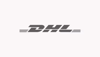 DHL company logo with stylized letters and horizontal speed lines on a light background.