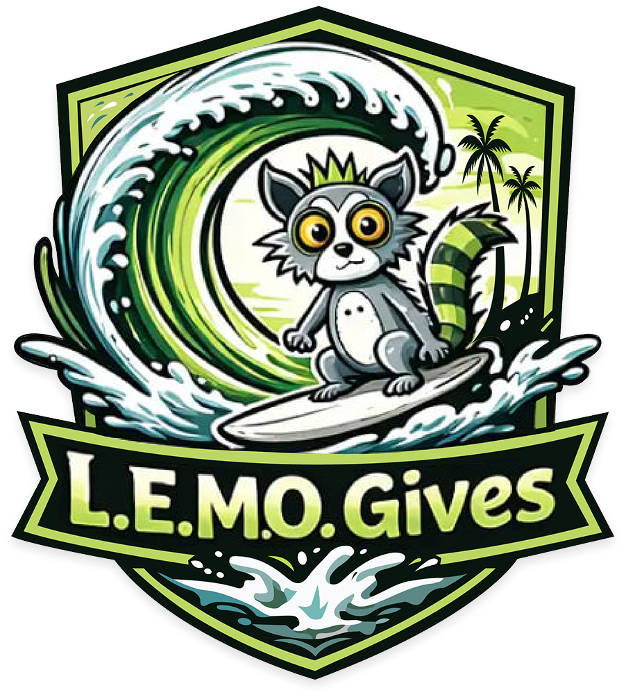 Cartoon lemur with a crown surfing on a wave with palm trees and text L.E.M.O. Gives.