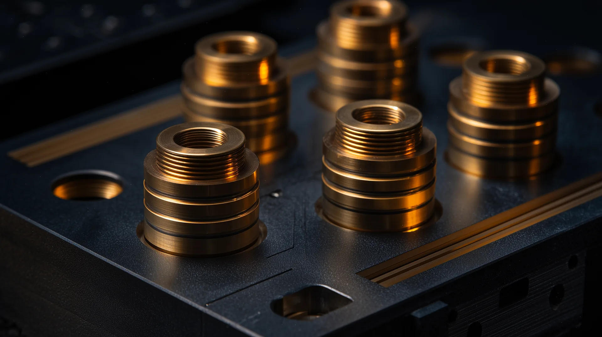 Five patinated brass cylindrical components seated into milled slots in a dark steel mounting plate, illuminated by warm amber side-lighting.