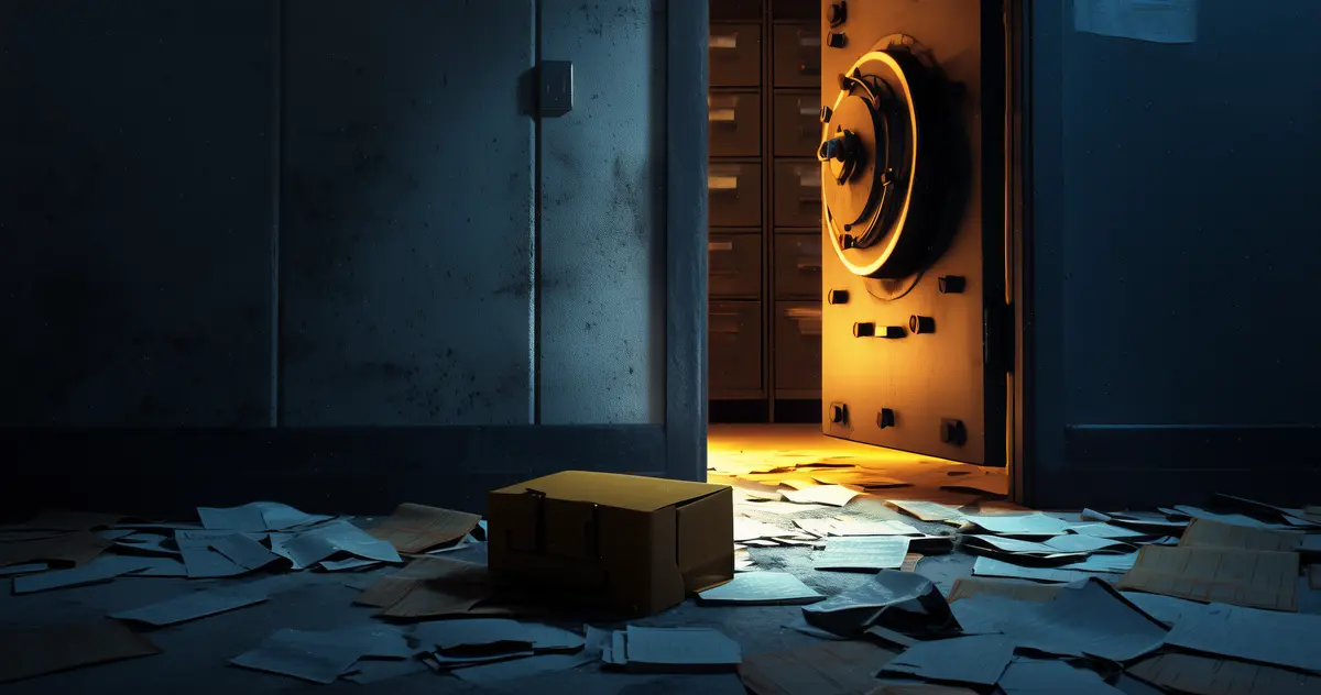 Heavy steel vault door partially open in a dark industrial corridor, amber light spilling through the gap onto scattered papers on the floor.