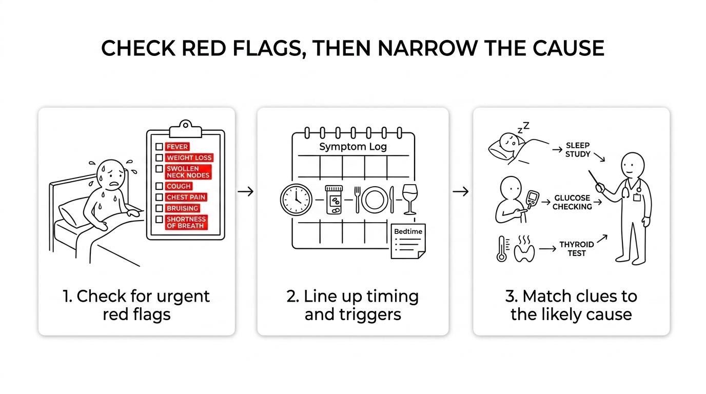 Flow diagram showing severe night sweats evaluation from red flags and history to basic labs and targeted tests.