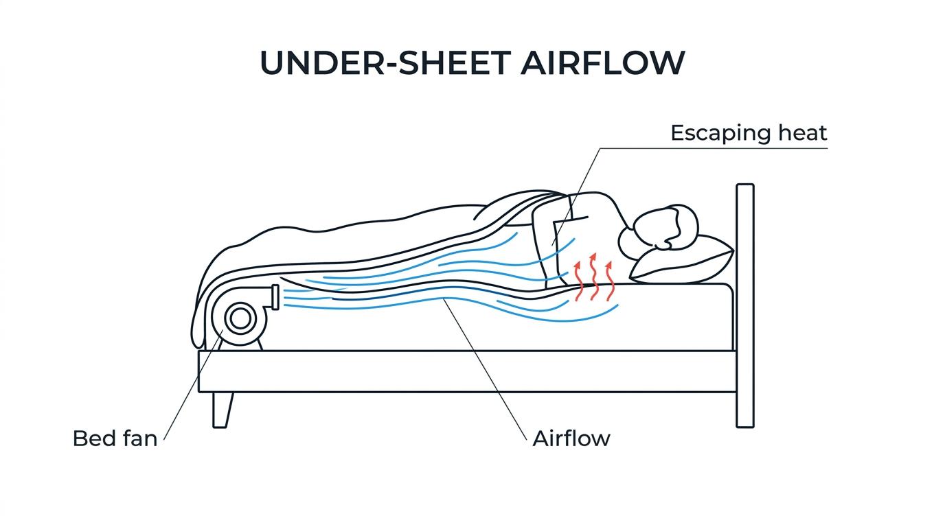 Cutaway of a bed showing warm air trapped around a sleeper and a bed fan pushing cooler room air between the sheets.