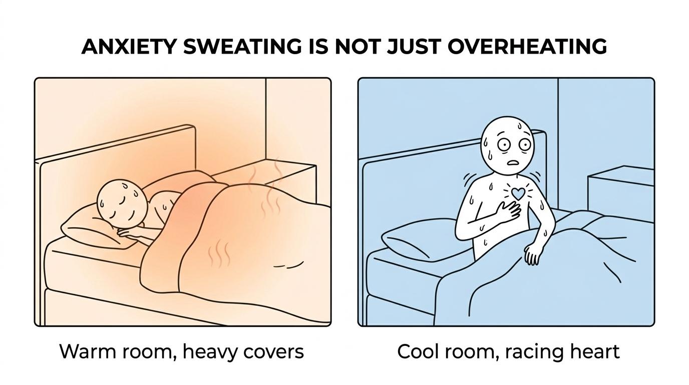 Side-by-side comparison of anxiety-related night sweats versus overheating, showing different triggers, sensations, and sleep patterns.
