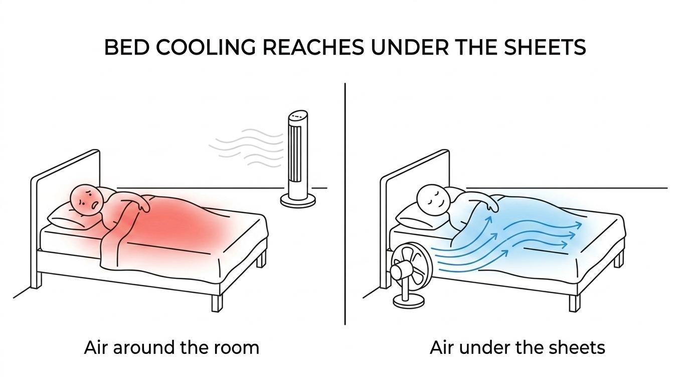 Side-by-side comparison of a standard bedroom fan moving air around a room and a bFan directing airflow between the sheets on a bed.