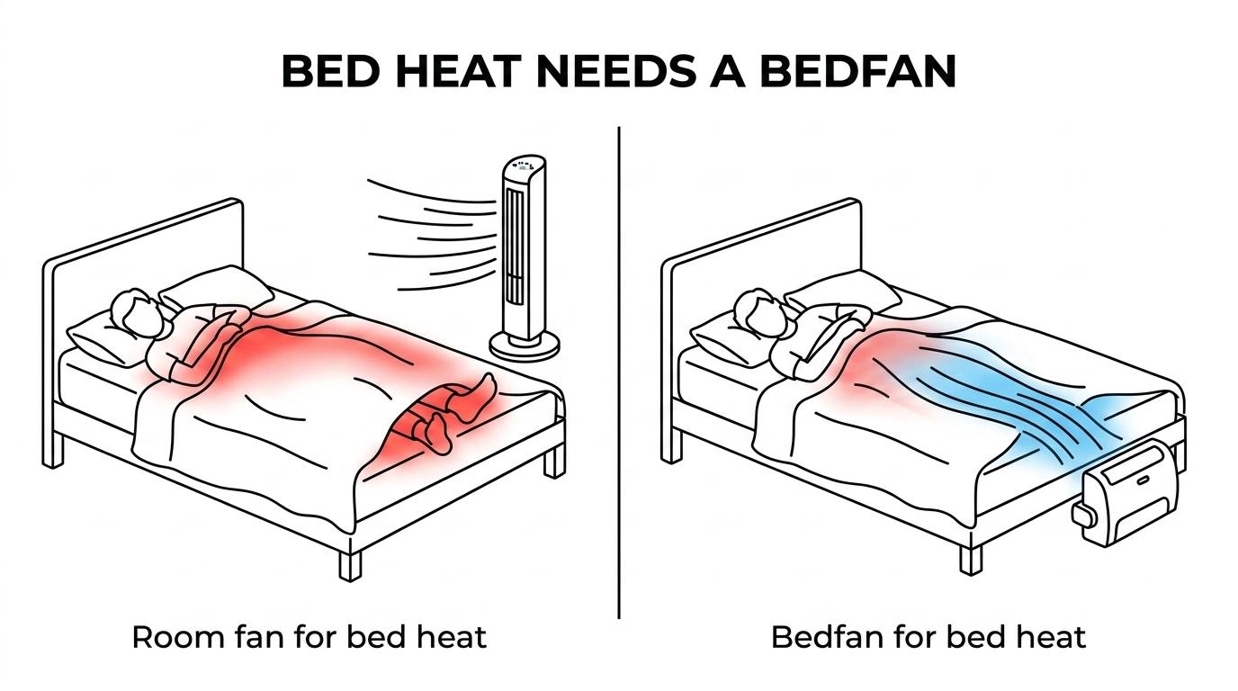 Side-by-side comparison of a Bedfan sending air under bed covers and a tower fan circulating air across a bedroom.