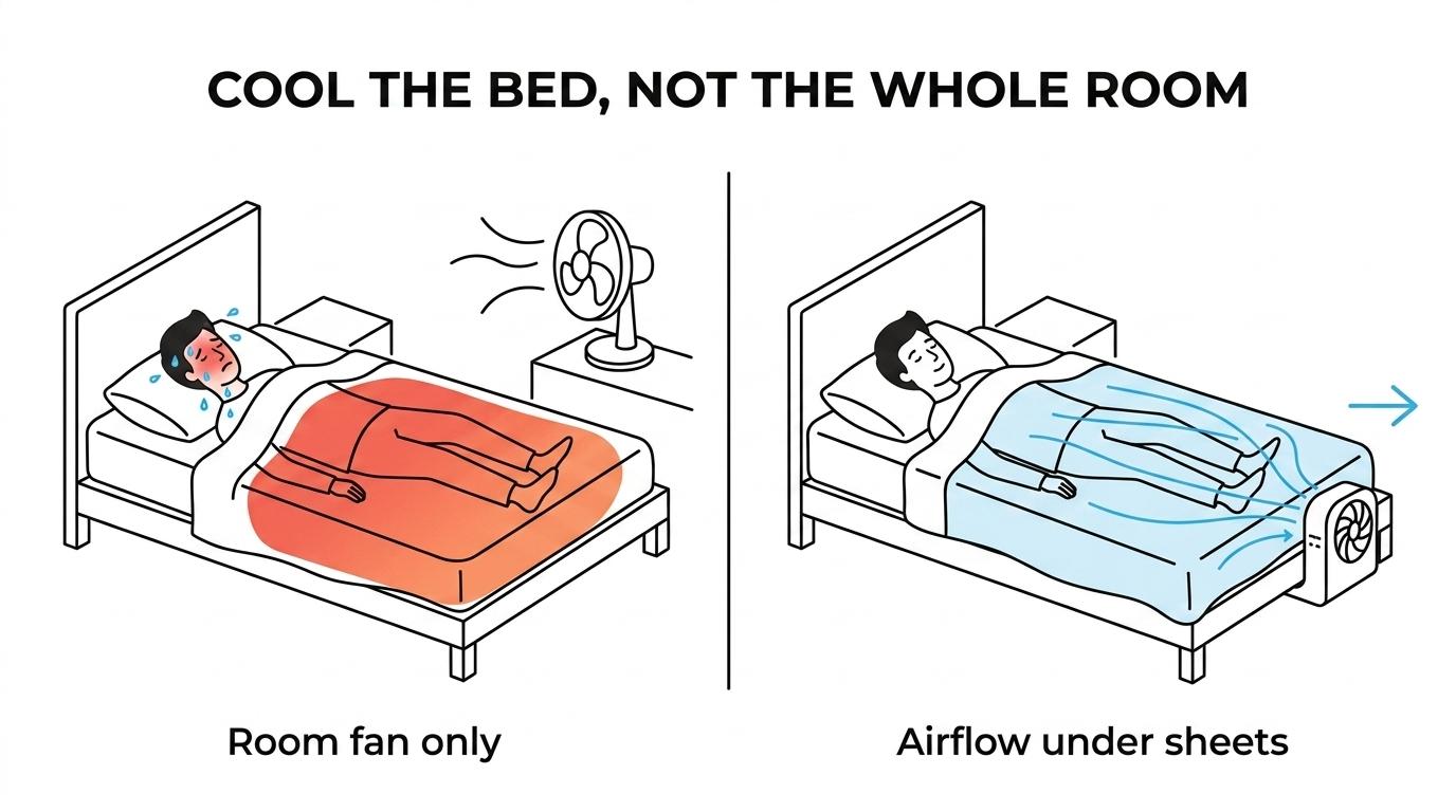 Side-by-side bed view showing trapped heat under covers versus bFan airflow moving heat and moisture out between the sheets.