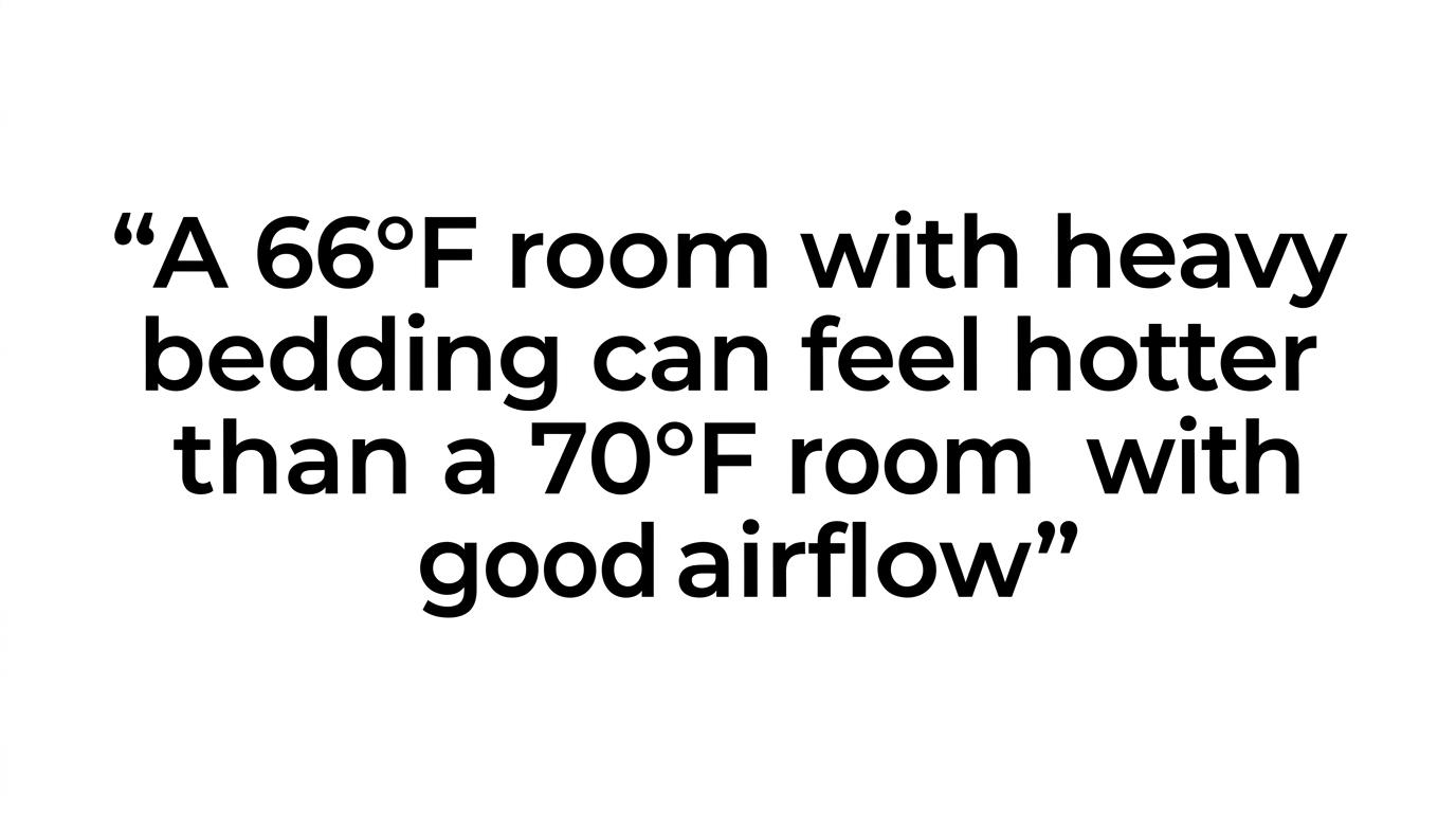 Highlighted quote stating that a 66°F room with heavy bedding can feel hotter than a 70°F room with good airflow.