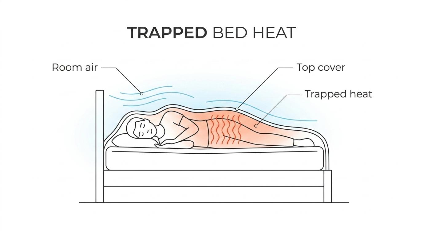 Cutaway bed diagram showing body heat trapped under blankets and cooler room air flowing between the sheets.