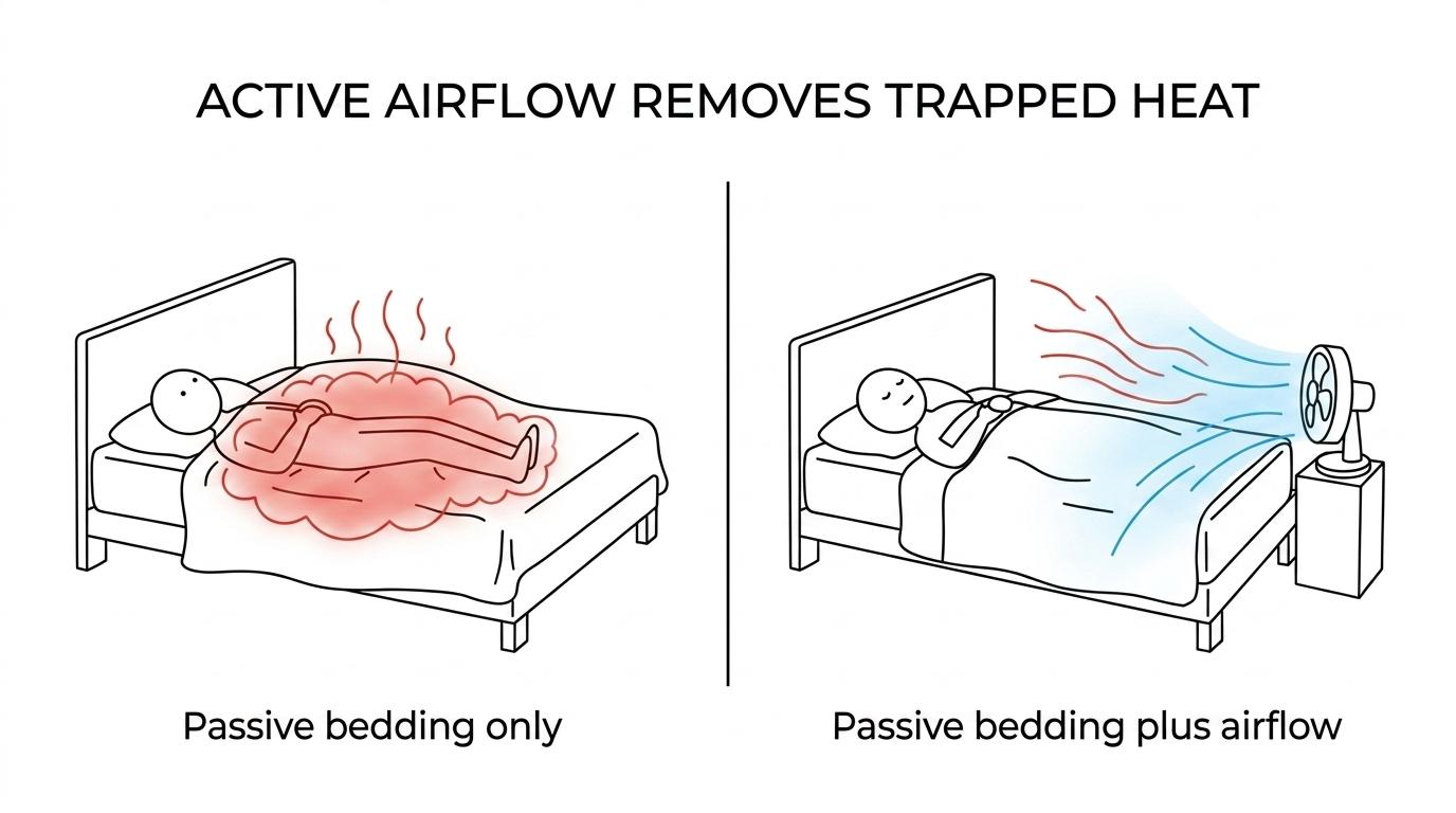 Side-by-side comparison of breathable cooling bedding versus a bed fan, showing passive heat release and active airflow under the covers.