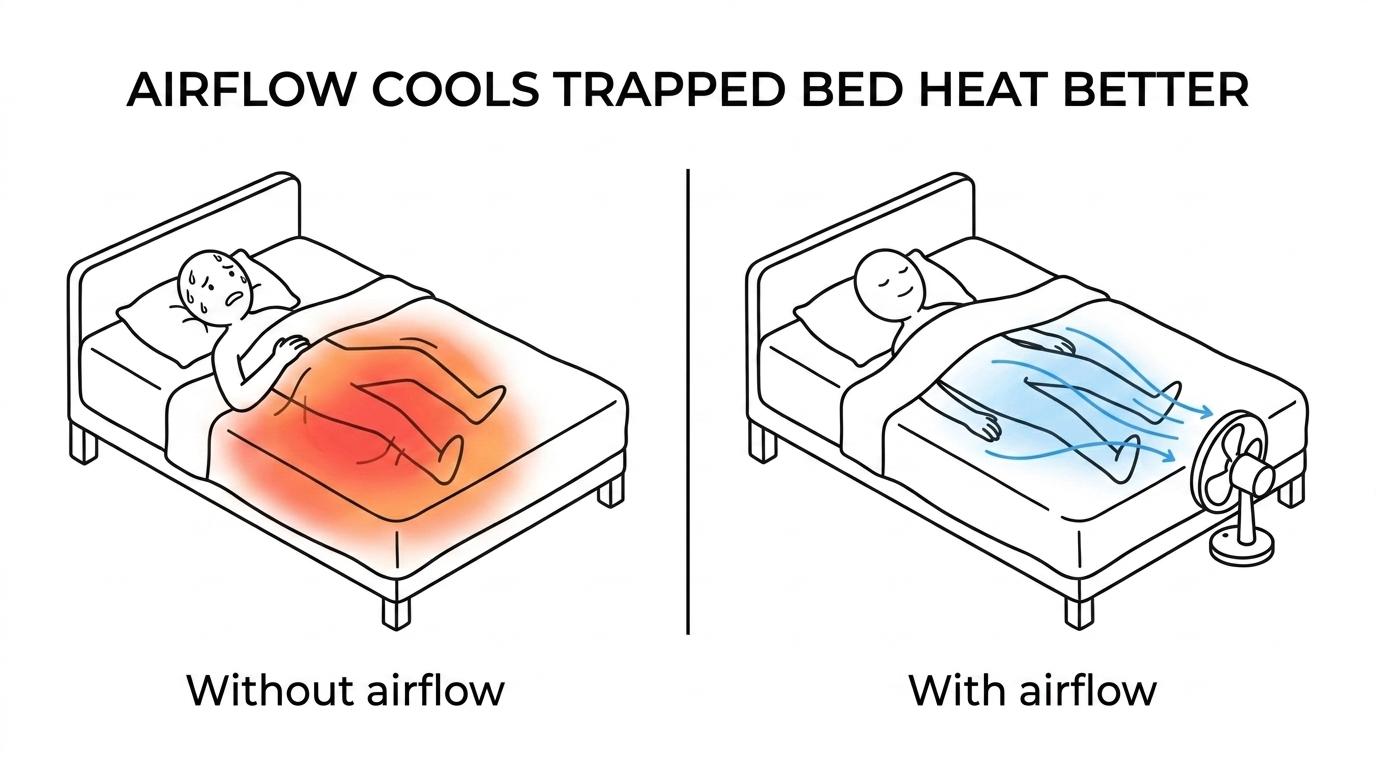 Side-by-side comparison of a cooling blanket on a bed versus a bed fan blowing air under the covers to remove heat and humidity.