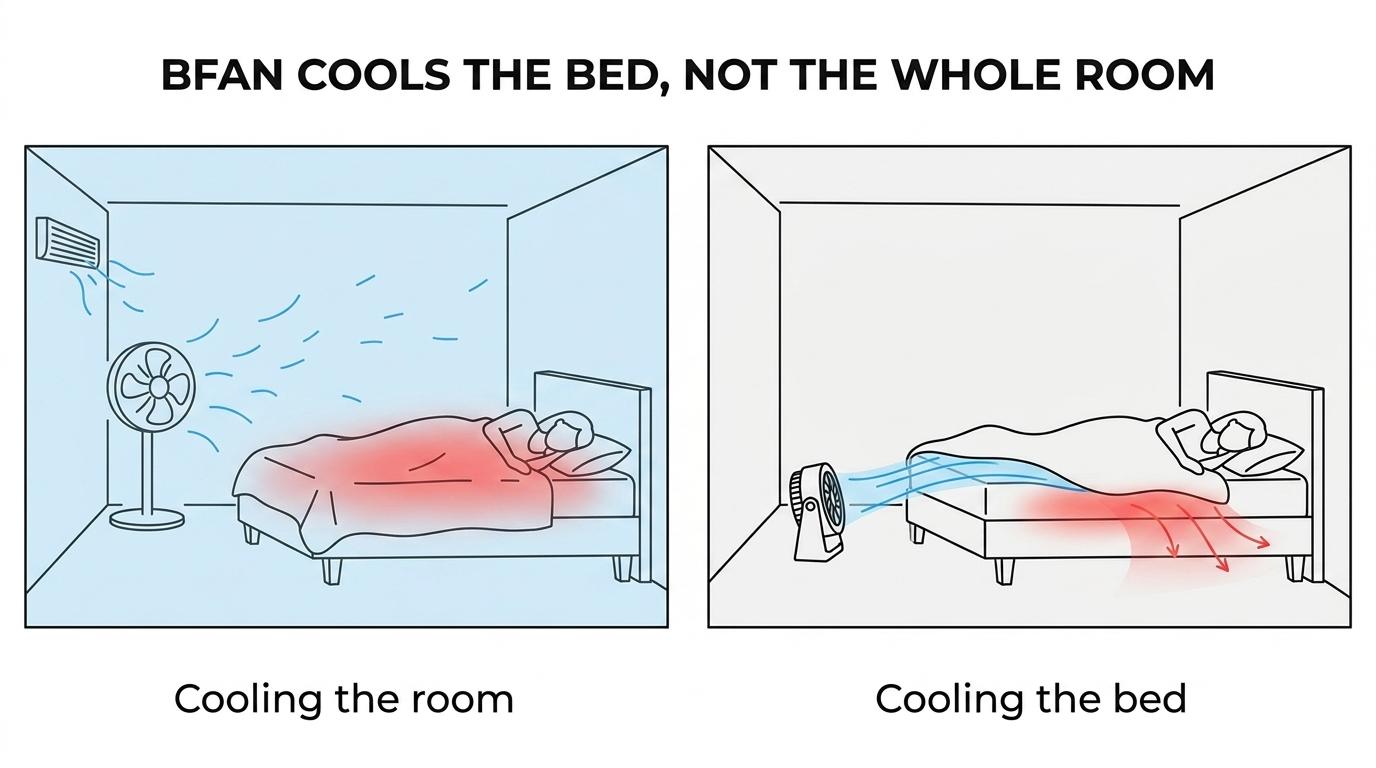 Side-by-side comparison of a room fan blowing air across a bed versus bFan pushing air between the sheets to remove trapped heat.