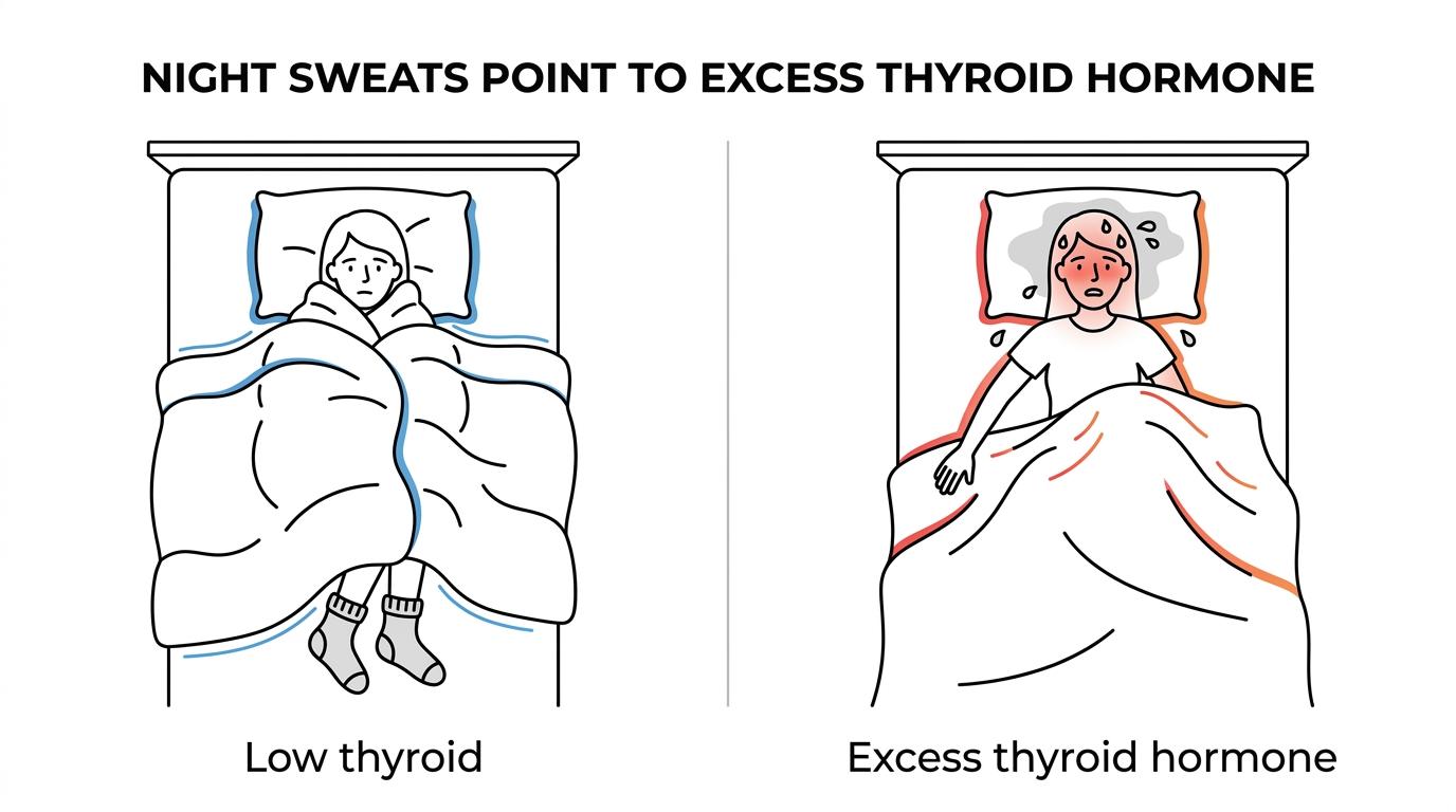 Side-by-side comparison of hyperthyroidism and hypothyroidism symptoms, showing night sweats aligning with excess thyroid hormone rather than untreated low thyroid.