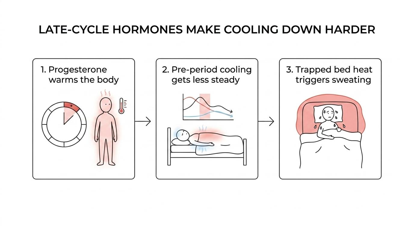Flow showing luteal-phase hormone changes, slightly higher nighttime body temperature, trapped heat under bedding, and waking up sweaty.