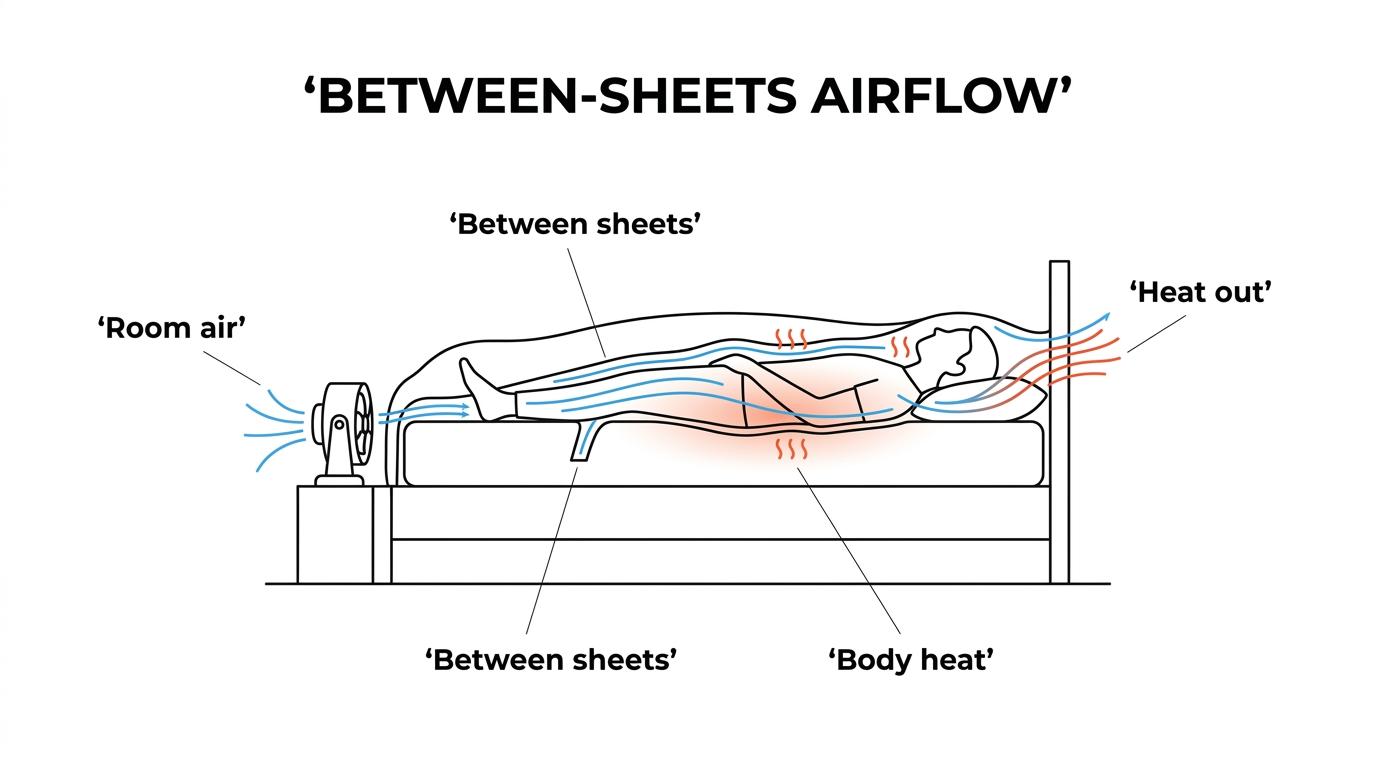 Cutaway view of a bed showing airflow from a bed fan moving between the sheets and carrying heat and moisture away from a sleeping man.