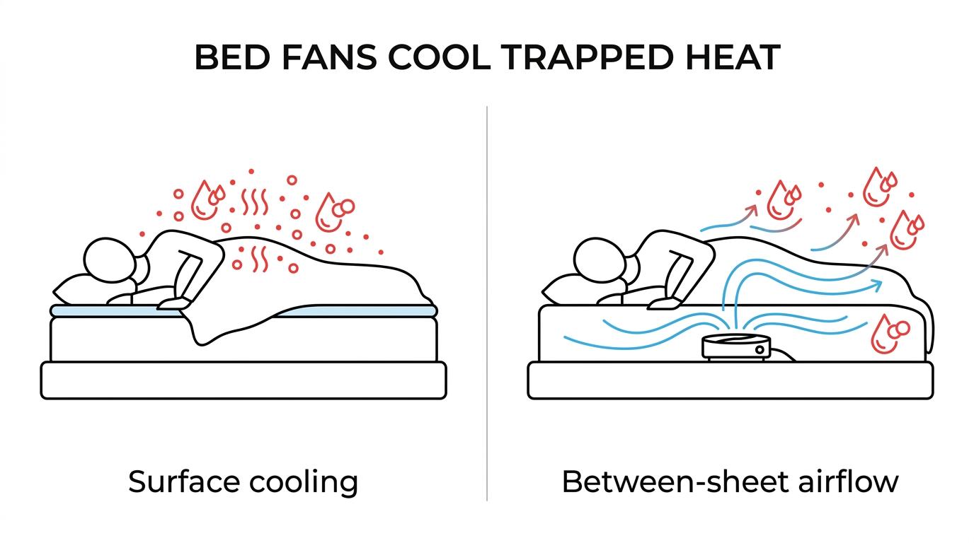 Side-by-side comparison of bFan, a premium air-based bed cooling system, and a water-based mattress cooling system with differences in airflow method, maintenance, precision, leak risk, and cost.