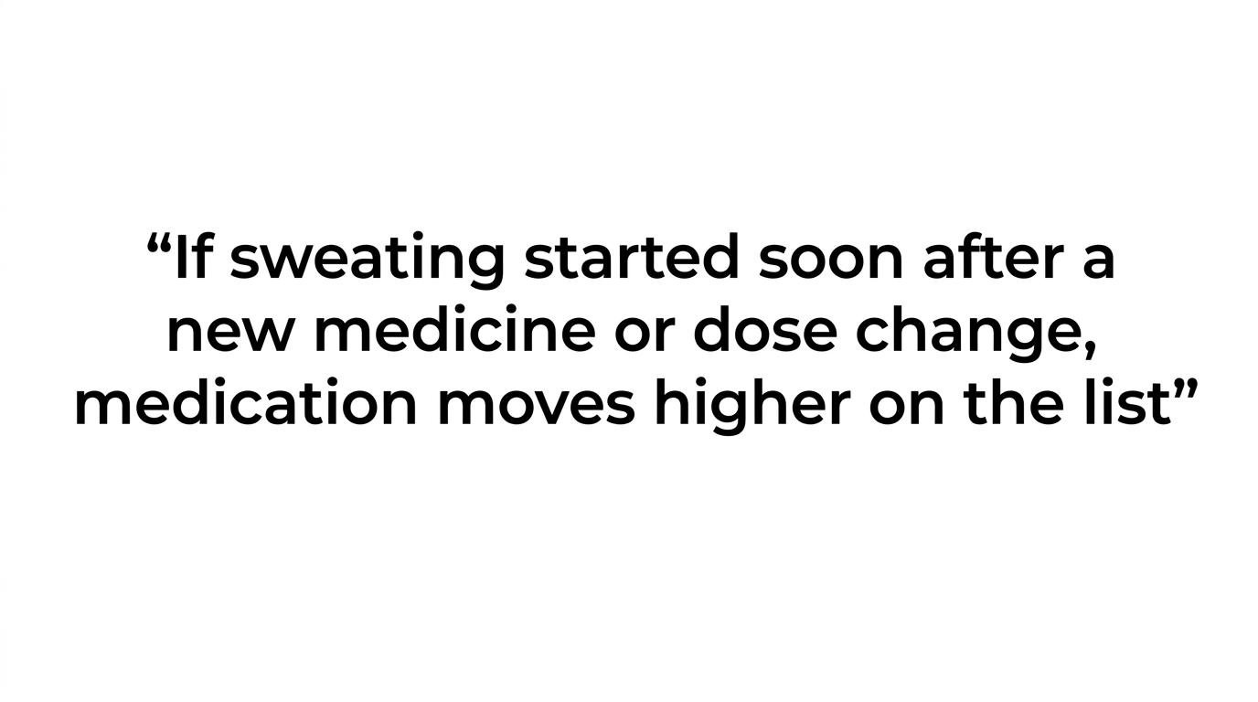 Highlighted quote stating that timing is the biggest clue when night sweats follow a blood pressure medicine change.