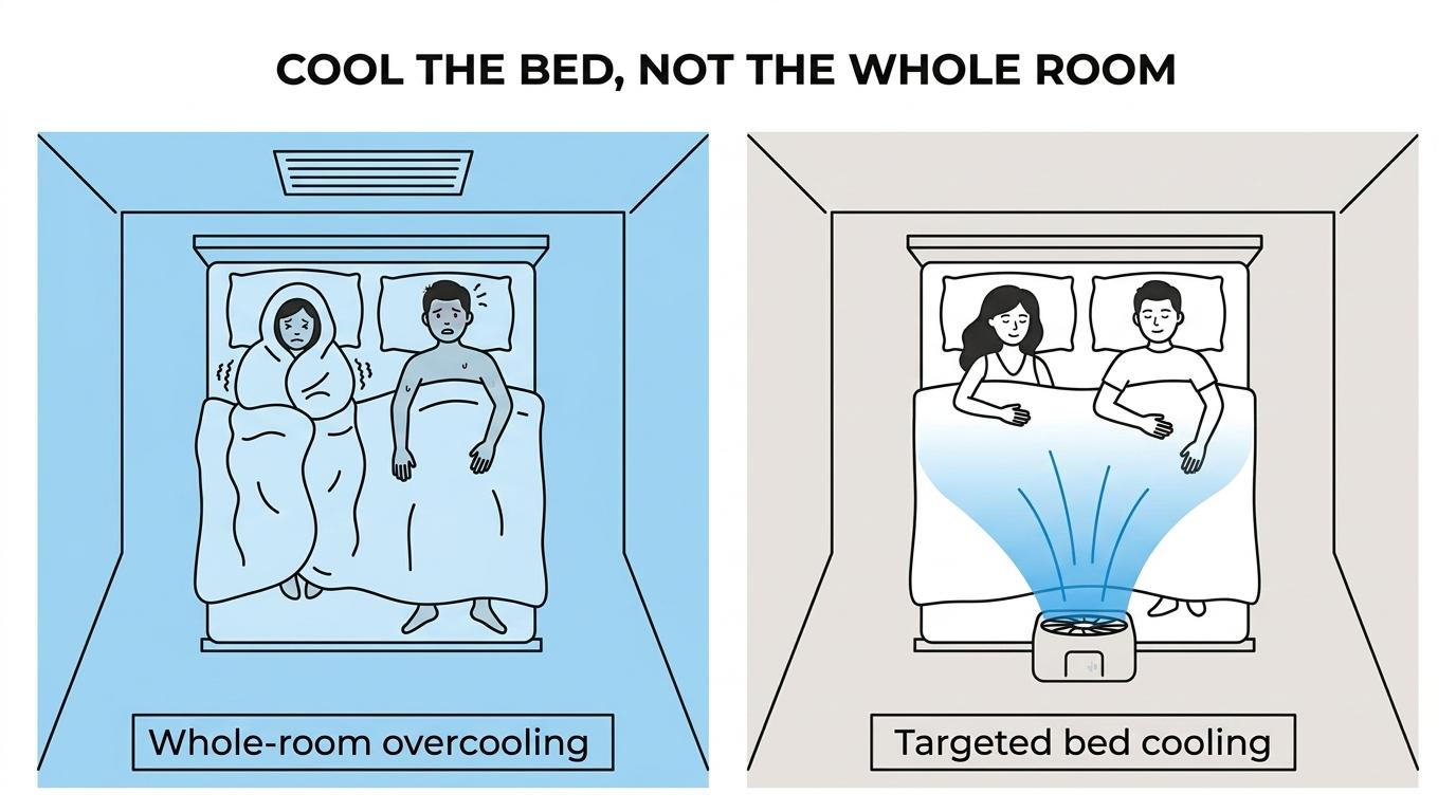 Side-by-side comparison of a couple struggling with a cold bedroom thermostat versus sleeping comfortably with under-sheet airflow cooling each side of the bed.