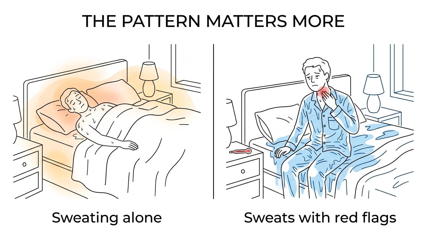 Side-by-side comparison of ordinary nighttime overheating versus drenching night sweats with fever, weight loss, fatigue, and swollen lymph nodes.