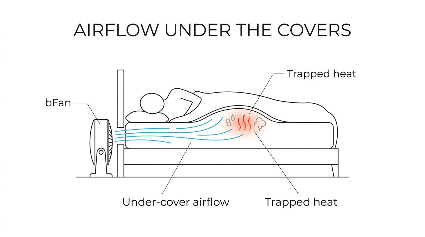 Cross-section of a bed showing bFan at the foot blowing room air between the sheets to move heat away from a sleeper.