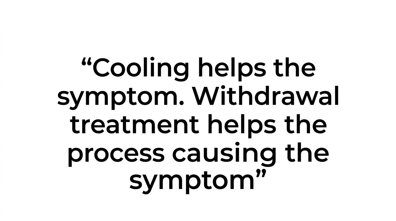 Highlighted quote stating that cooling helps the symptom while withdrawal treatment helps the process causing the symptom.