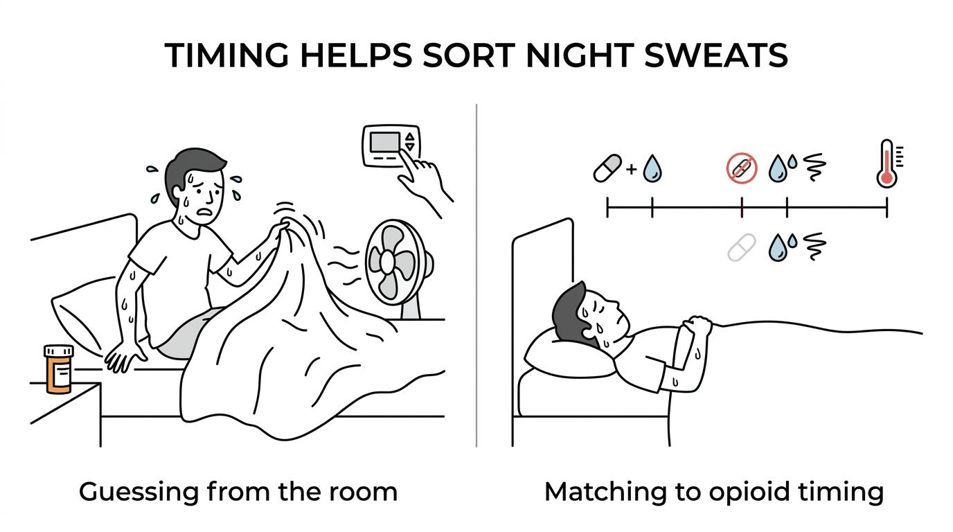 Side-by-side comparison of opioid night sweating causes: direct side effect, withdrawal, and another medical cause, with key timing and symptom clues.