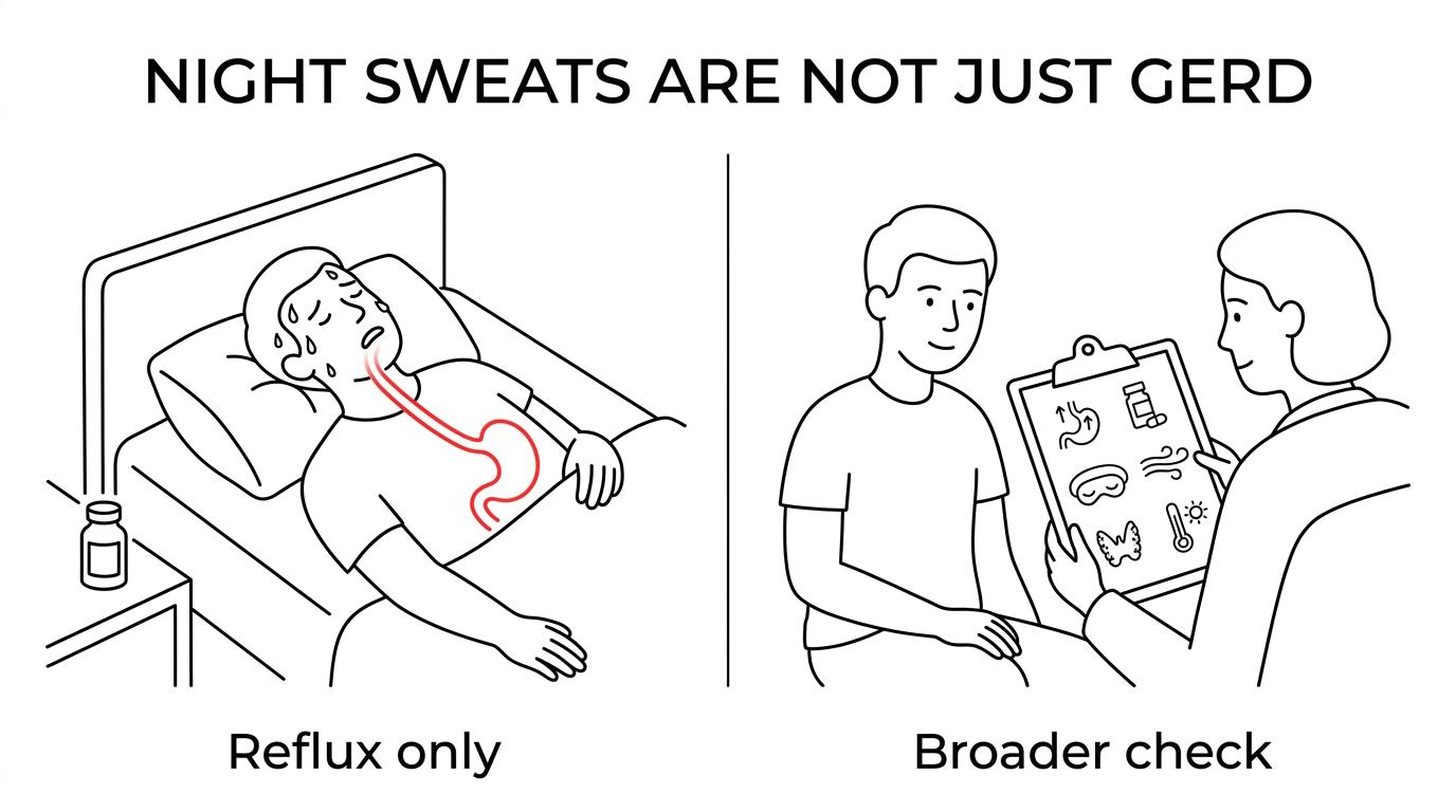 Side-by-side comparison of typical nighttime GERD symptoms versus other common causes of persistent night sweats.