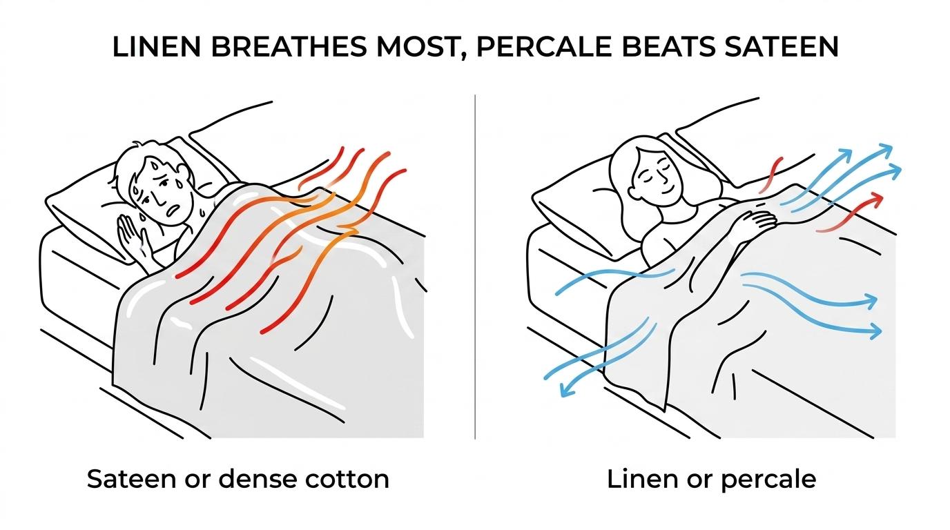 Side-by-side comparison of linen, cotton percale, and cotton sateen sheets showing breathability, feel, and heat retention.
