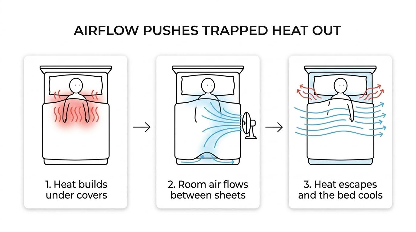 Step-by-step diagram showing body heat building under bedding and bFan pushing room air under the covers to carry heat away.