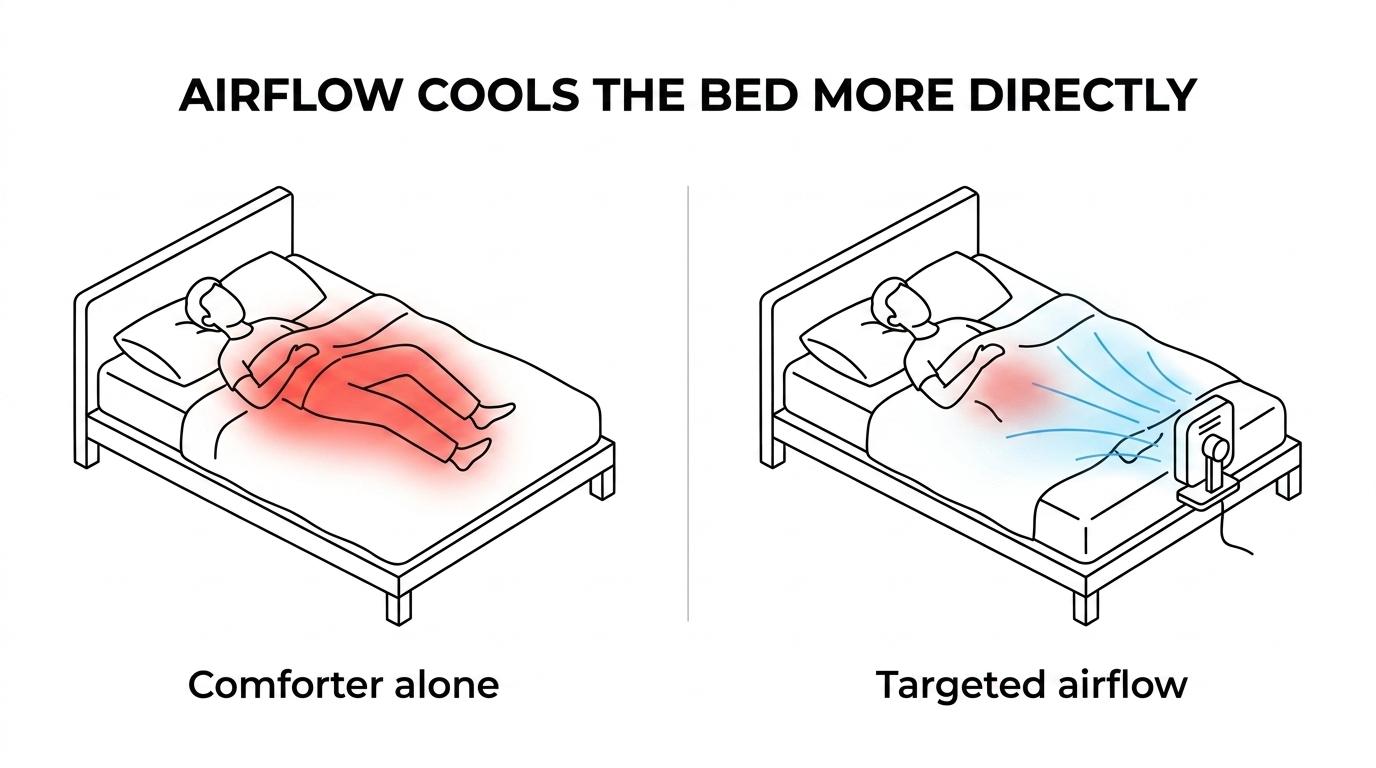 Side-by-side comparison of a lightweight cooling comforter setup and a bed fan pushing air under the covers.