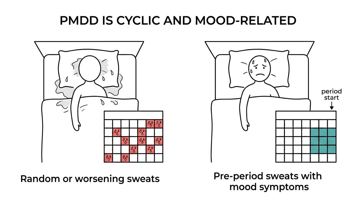 Side-by-side comparison of signs that night sweats may be linked to PMDD versus signs they may be caused by something else.