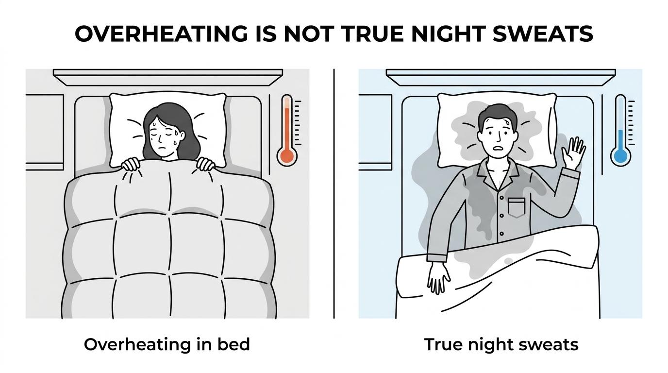 Side-by-side comparison of overheating in a warm bed versus true night sweats in a cool room, with key clues and next steps.