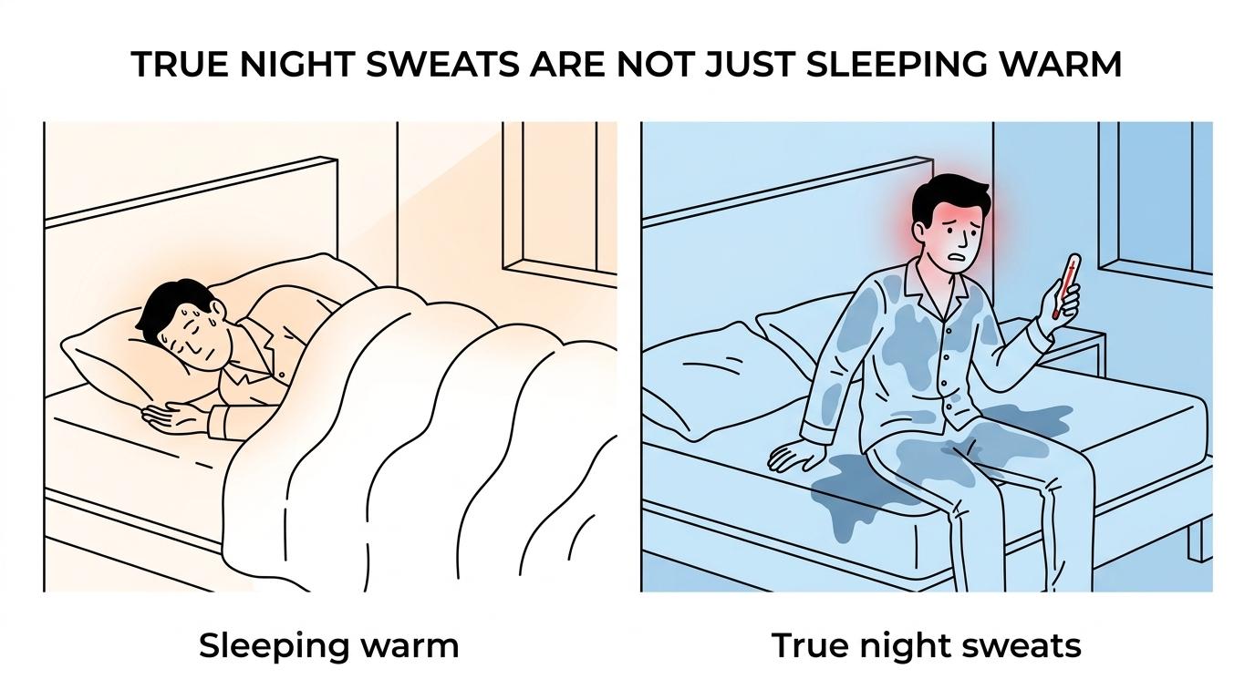 Side-by-side comparison of mild sweating from a warm sleep environment versus drenching night sweats with fever in a cool room.