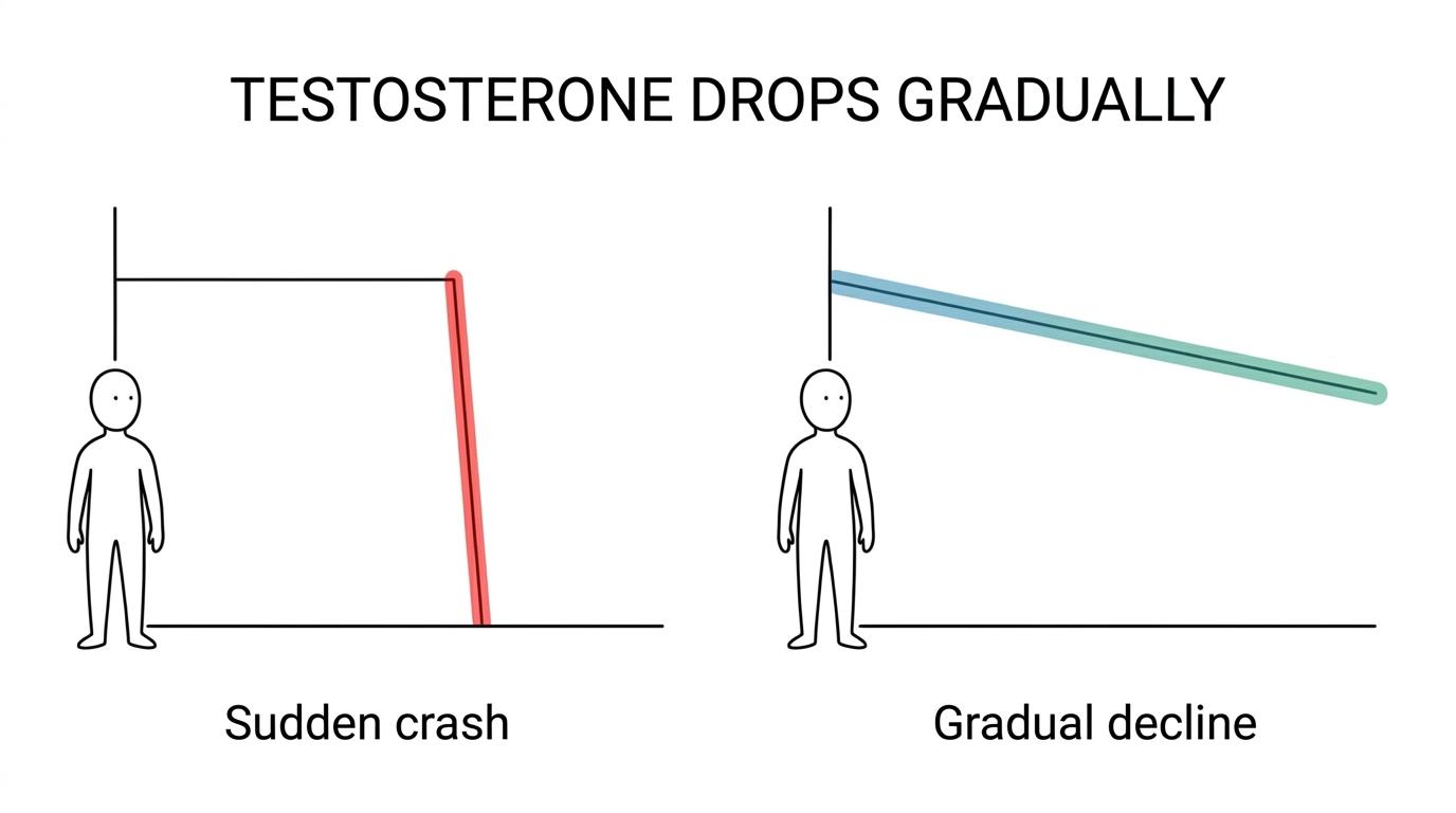 Side-by-side graphic contrasting the idea of a sudden male menopause with the medical reality of gradual age-related testosterone decline, symptom patterns, and blood testing.