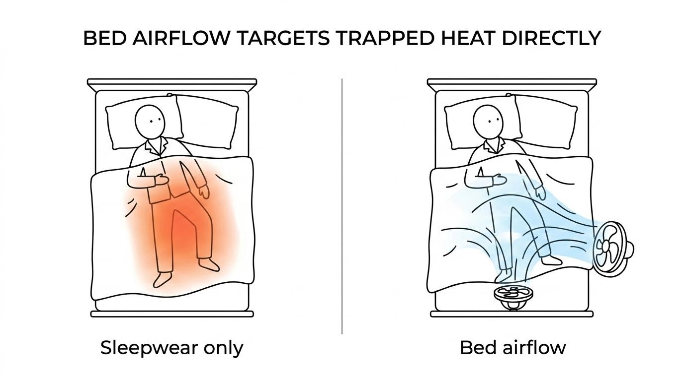 Side-by-side comparison of a hot sleeper in cooling pajamas under warm blankets versus a sleeper using a bed fan to move air under the covers.