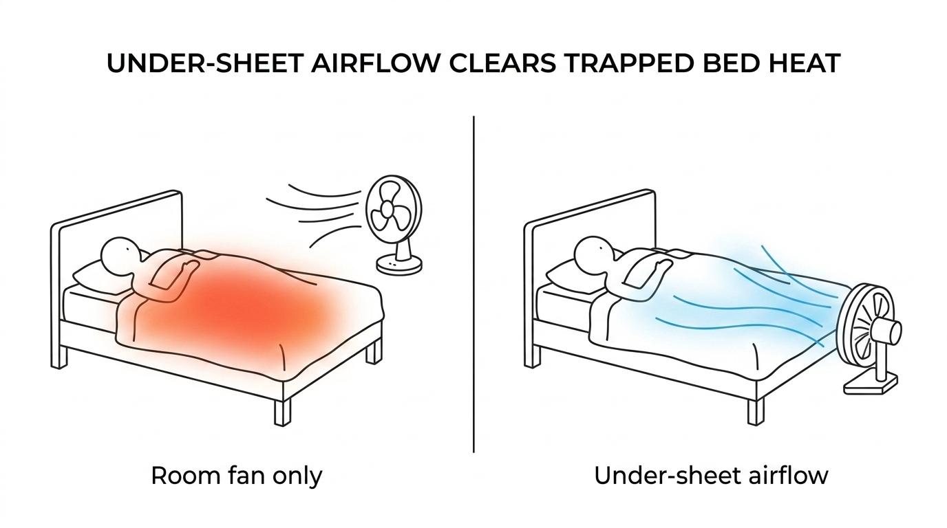 Side-by-side comparison of a regular room fan circulating bedroom air and a bFan pushing airflow between bed sheets to remove trapped heat.
