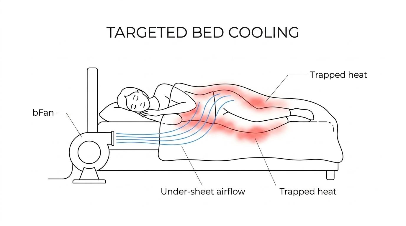 Diagram of a side sleeper under blankets with trapped heat zones and bFan airflow moving between the sheets from side and foot placement options.