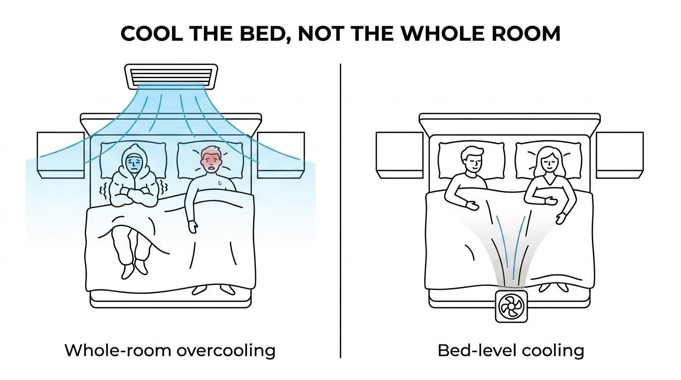 Side-by-side bedroom comparison showing whole-room thermostat cooling versus targeted airflow under the covers cooling one side of the bed.