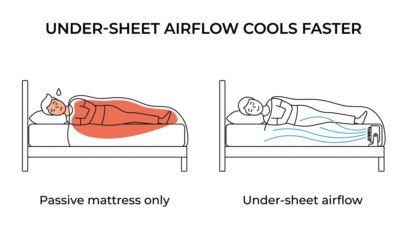 Side-by-side comparison of a cooling mattress and a bed fan, showing mattress surface cooling versus airflow moving under the sheets.