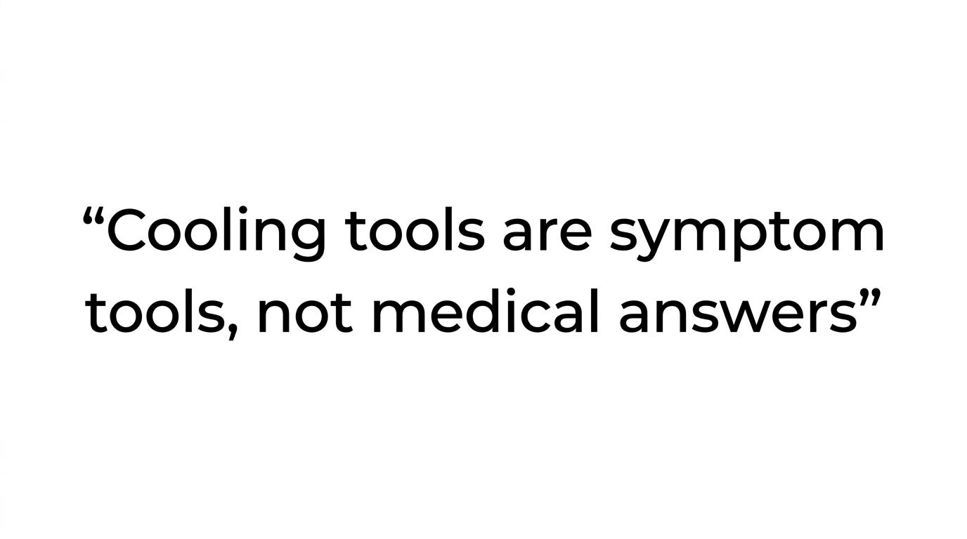 A highlighted quote visual with the words 'Cooling tools are symptom tools, not medical answers.'