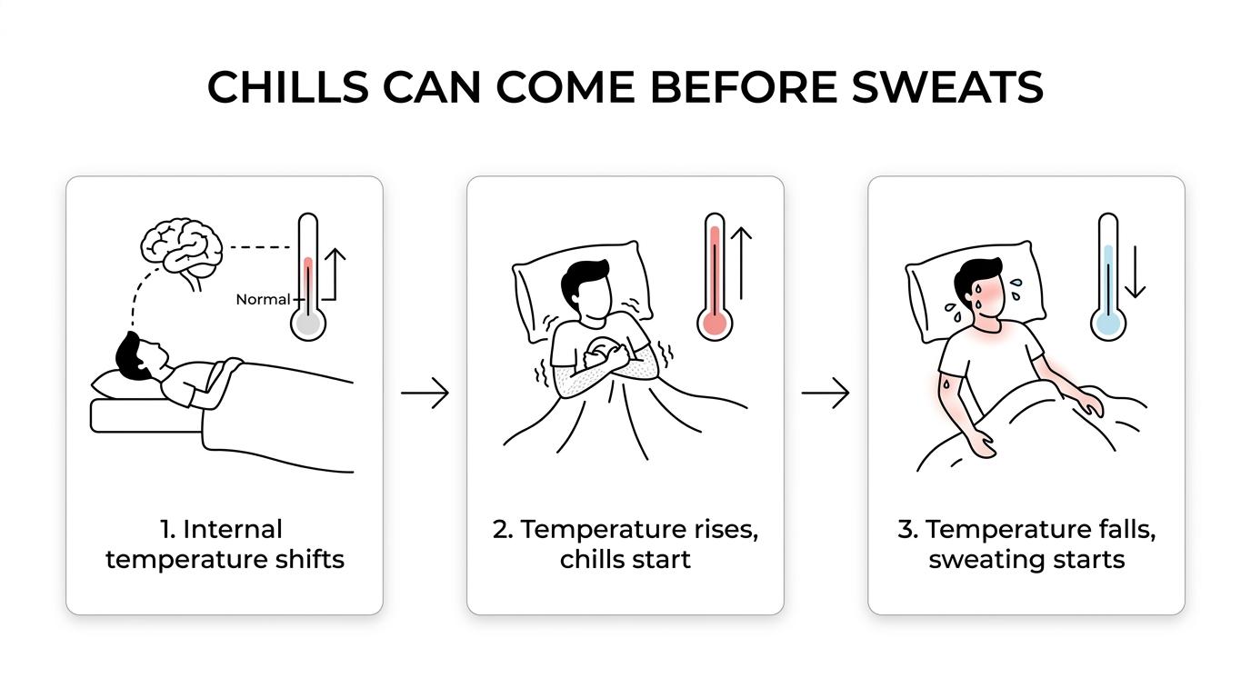 A step-by-step diagram showing chills and shivering as body temperature rises, followed by heavy sweating as it falls during sleep.